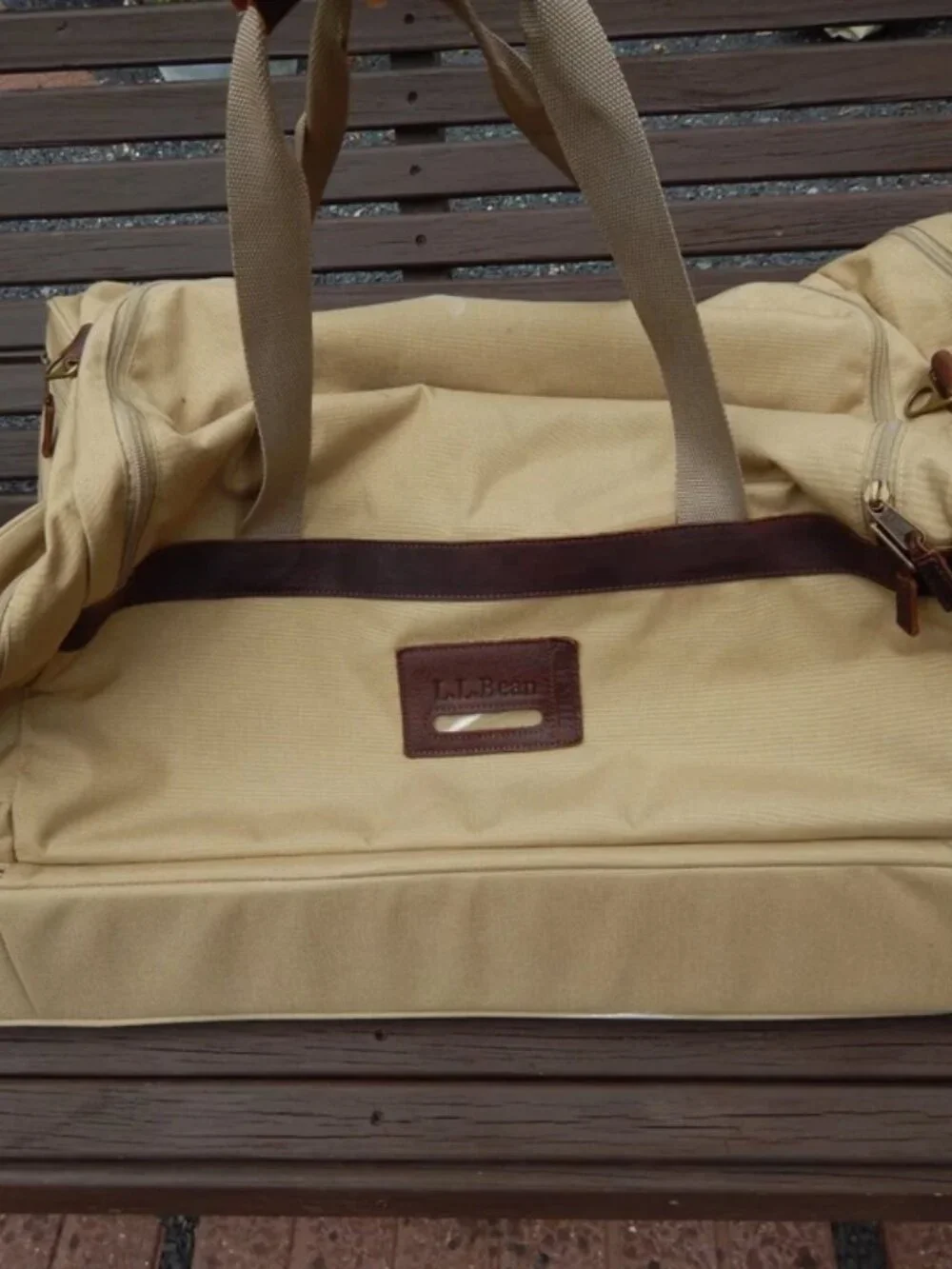 L.L. Bean Khaki Tan Canvas / Leather Rolling Duffle Bag Travel Rugged Luggage **